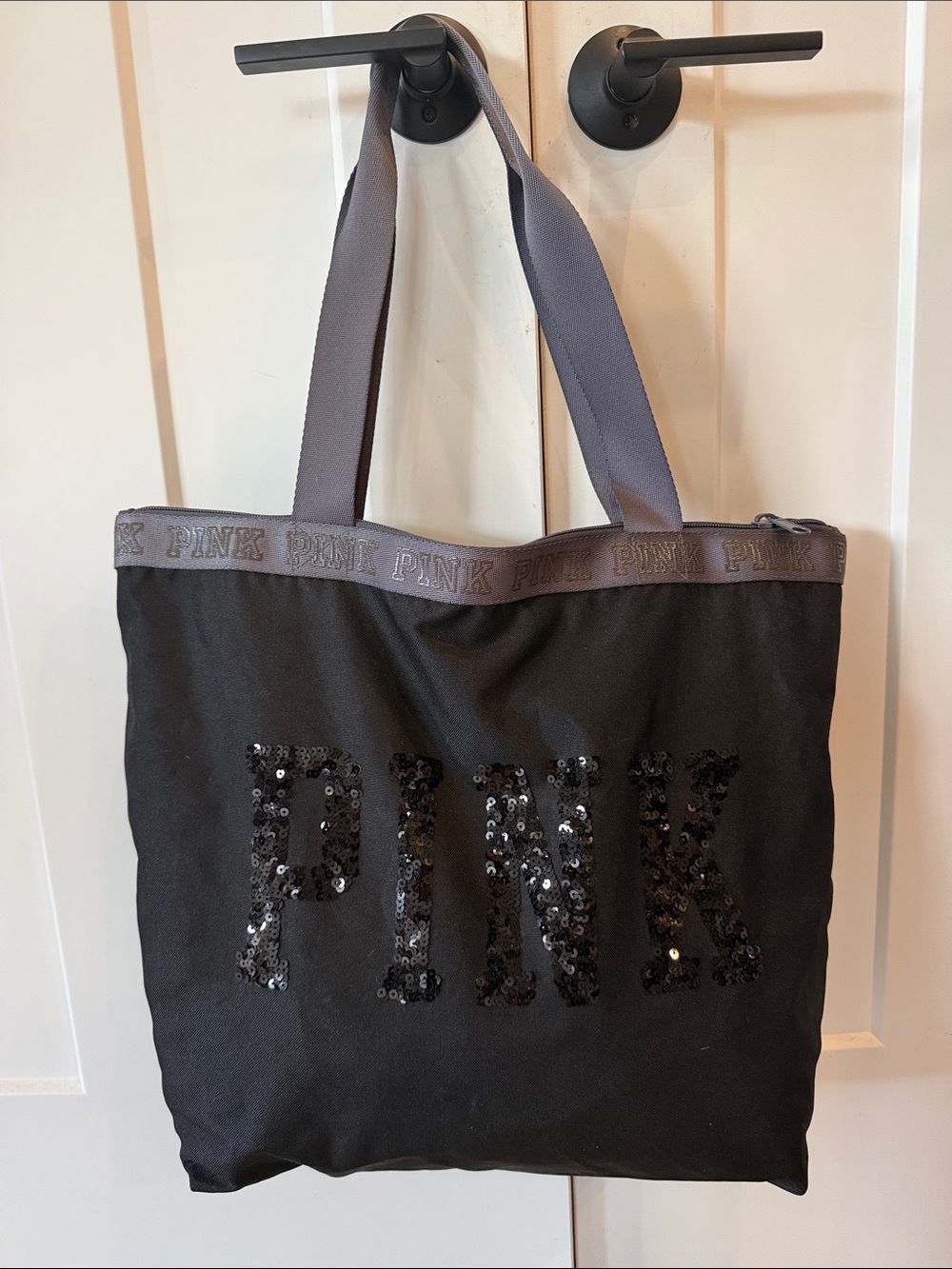 PINK Victoria's Secret Sequin Logo Black Tote Bag PINK VS gym purse